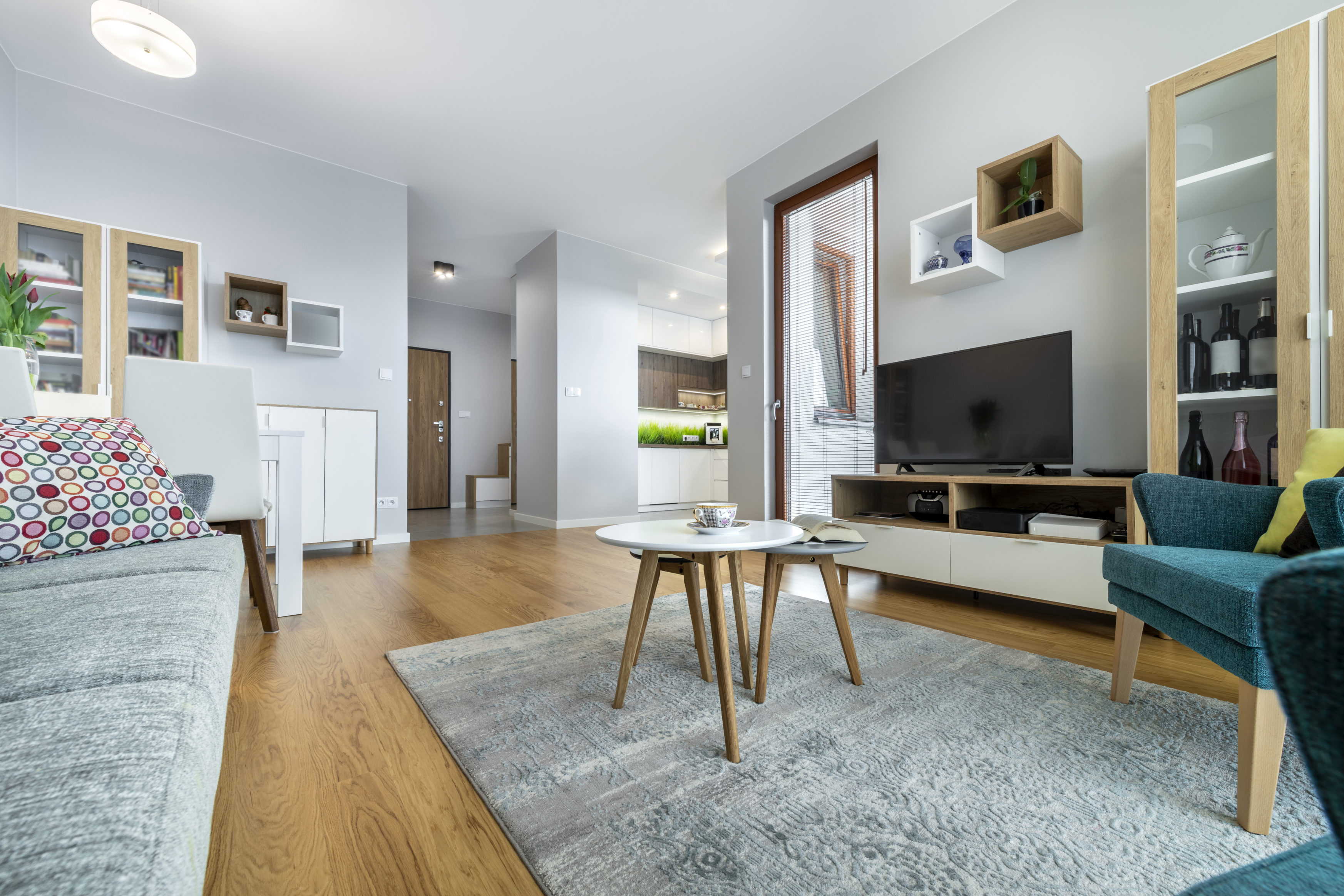 Modern interior design living room with wooden floor