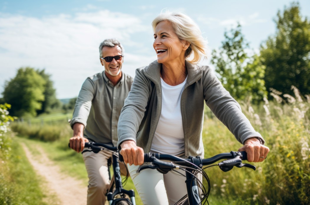 Couple de retraités faisant du vélo.