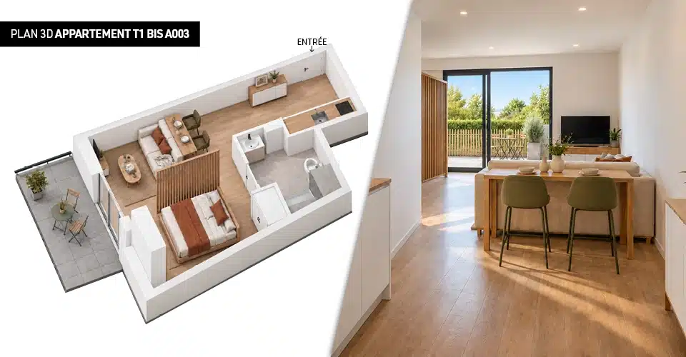 Plan 3D de l'appartement T1 Bis A003